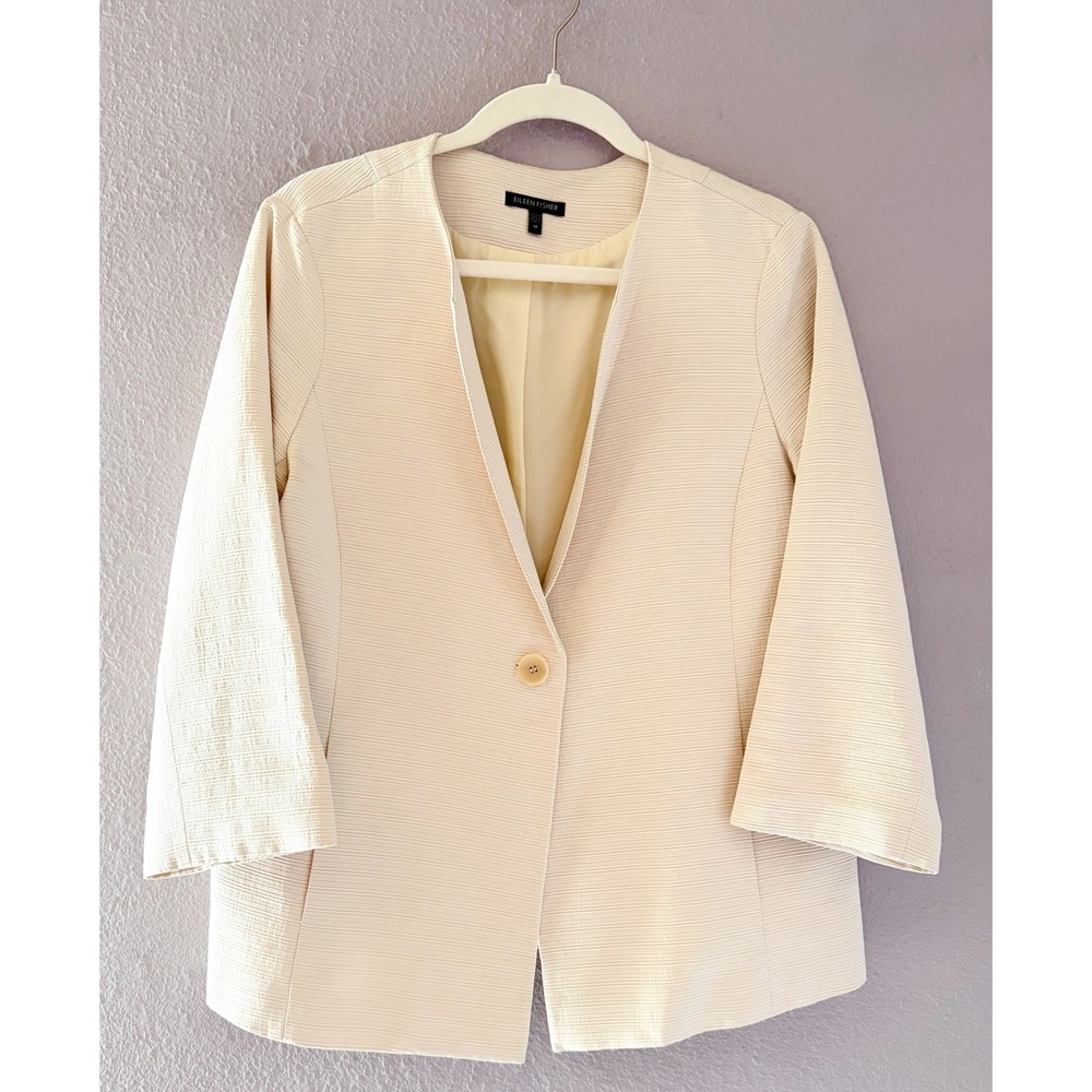 Eileen Fisher Cream Textured Cotton Blend Single Button Blazer Jacket Elegant M